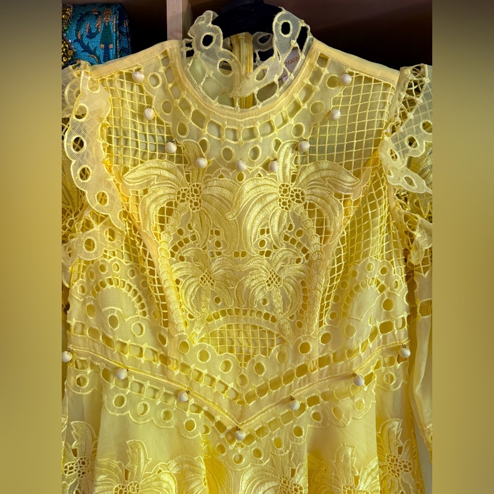 Vintage Bright Yellow Lace Long-Sleeve Fit-and-Flare Dress - Picture 4 of 16